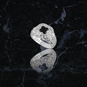 Sterling Silver New Quatrefoil Four Leaf Onyx Filigree Statement Ring, 7